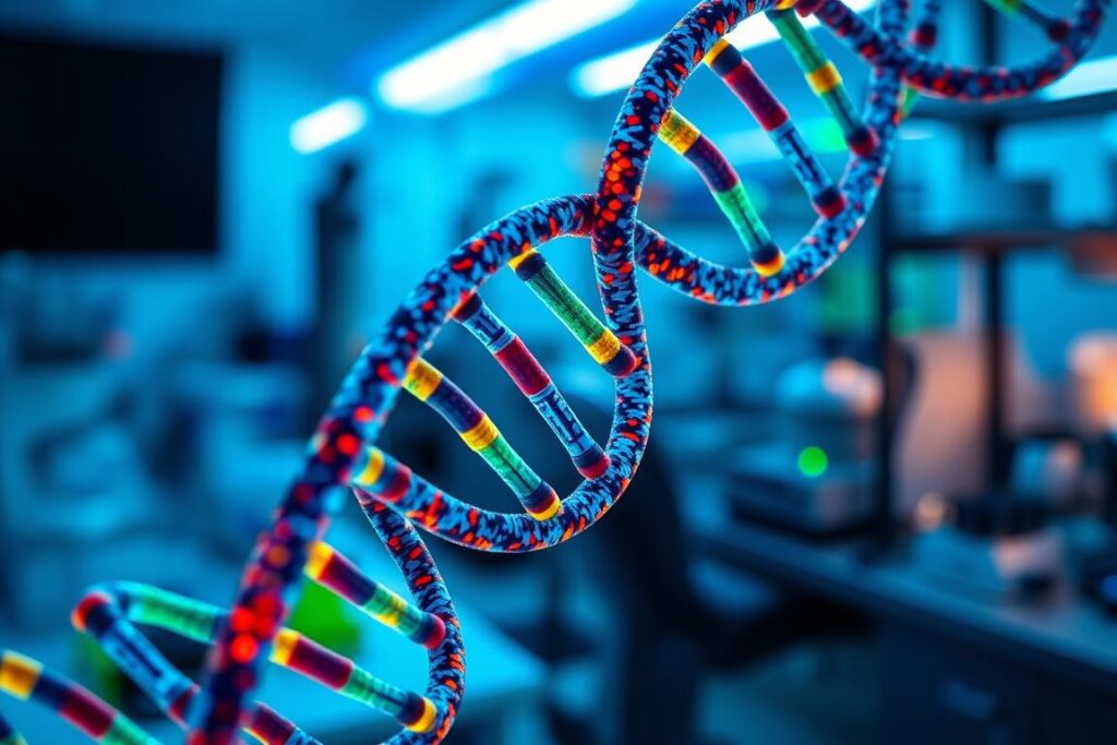 A detailed close-up of genetic mapping, showcasing a complex DNA helix structure against a blurred background of scientific research equipment and laboratory setting. The DNA strands are rendered in vibrant, contrasting colors, highlighting the intricate patterns and sequences. Subtle blue and green hues from LED lighting cast a tranquil, cerebral atmosphere, emphasizing the precision and technicality of the genetic mapping process. The overall composition conveys a sense of scientific advancement and the potential for discoveries within the field of genomics.