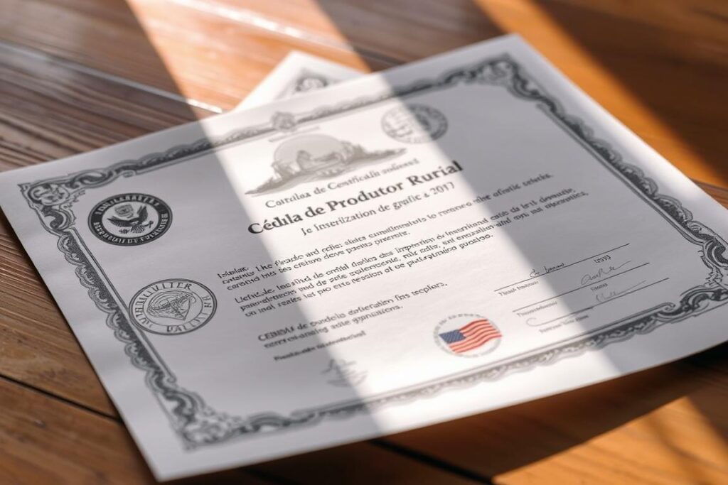 A detailed rural producer's certificate resting on a wooden surface, illuminated by soft, natural lighting. The document features a complex graphic design with intricate patterns, official seals, and precise typographic elements. The overall presentation conveys a sense of authenticity, professionalism, and the importance of this legal document within the rural credit ecosystem. The image provides a clear visual representation of the 
