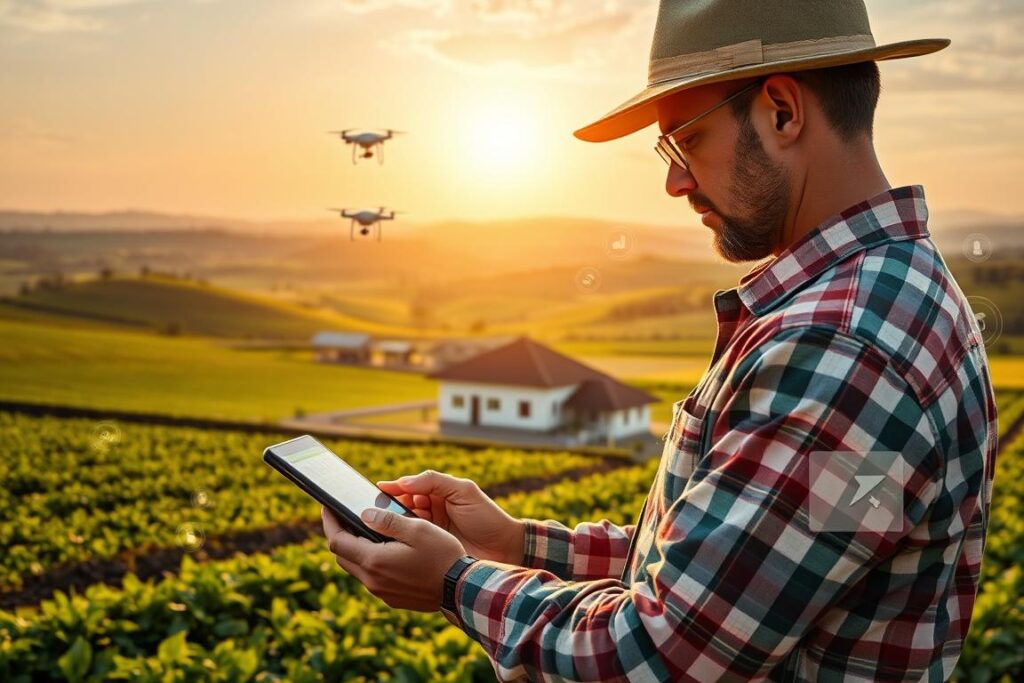 A digitally transformed agricultural landscape, with precision farming equipment and interconnected devices showcasing the impact of LGPD (Brazil's General Data Protection Law) on the agribusiness sector. In the foreground, a farmer reviewing data on a tablet, surrounded by vibrant green fields and a modern farmhouse. In the middle ground, autonomous tractors and drones assist with crop monitoring and irrigation. The background depicts rolling hills, a cloudless sky, and a sun-dappled horizon, conveying a sense of technological progress and environmental harmony. The scene is bathed in warm, golden light, highlighting the industry's embrace of data-driven solutions and regulatory compliance.