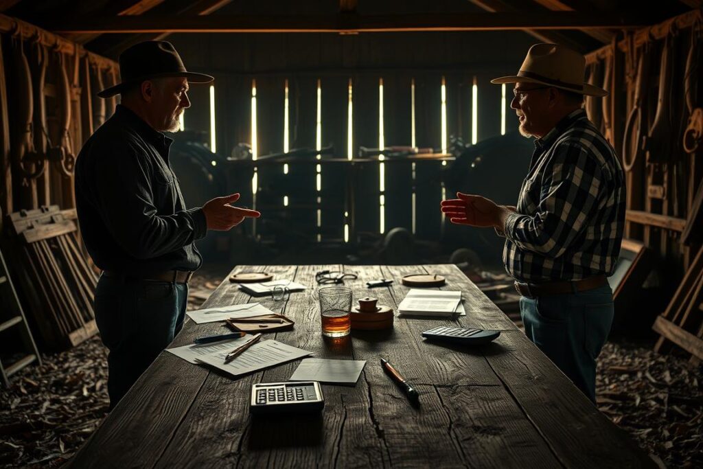 A dimly lit, rustic barn interior with a worn wooden table at the center. On the table, scattered documents, a calculator, and a glass of whiskey, suggesting a negotiation in progress. In the foreground, two farmers in casual attire stand face-to-face, gesturing intently as they discuss terms. Soft, warm lighting casts dramatic shadows, heightening the tension of the negotiation. In the background, shelves of old farming equipment and tools hint at the practical nature of the barter exchange. An atmosphere of serious deliberation and high stakes pervades the scene.