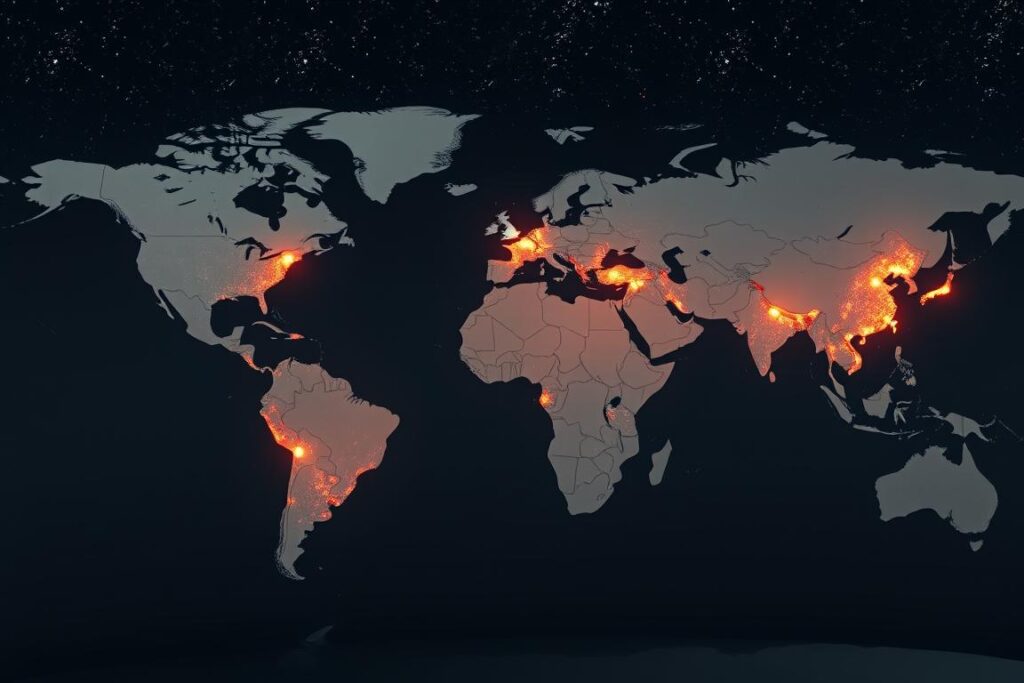 A global distribution map of rare earth elements, rendered in a sleek, scientific style. The map occupies the foreground, with a detailed topographical representation of continents and oceans in muted tones. The middle ground features glowing, color-coded markers denoting the major rare earth deposits around the world, their sizes and concentrations visualized through varied luminescence. In the background, a starry, enigmatic sky sets an aura of mystery and importance around this critical global resource. The lighting is crisp and evenly distributed, lending an authoritative, factual tone to the image. The camera angle is a high, birds-eye view, emphasizing the worldwide scope of rare earth distribution.