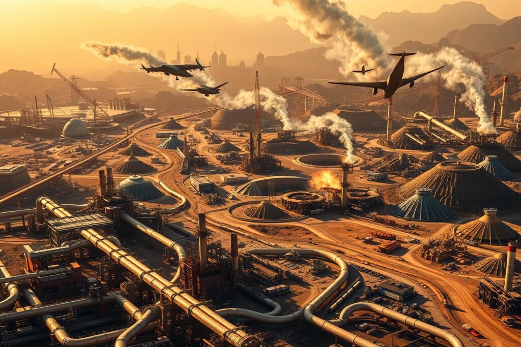 A global race for rare earth elements, with nations vying for strategic control. In the foreground, a complex web of pipelines, refining facilities, and transportation networks intertwine, symbolizing the intricate supply chains. The middle ground features a collage of mining operations, from open-pit excavations to high-tech extraction facilities, showcasing the technological prowess required. In the background, a backdrop of geopolitical tensions, with silhouettes of national leaders and military forces, underscoring the strategic importance of these resources. The scene is illuminated by a warm, golden light, conveying a sense of both opportunity and uncertainty. Dramatic angles and deep shadows heighten the visual impact, evoking the high-stakes nature of the global rare earth race.
