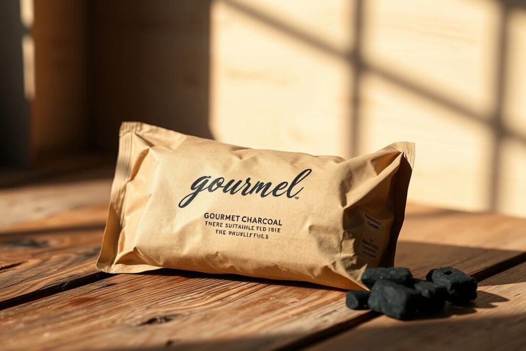 A gourmet charcoal package rests on a rustic wooden surface, its sustainable design showcasing the natural beauty of the premium fuel. Soft natural lighting casts warm shadows, highlighting the intricate texture and minimalist branding. In the background, a simple backdrop of earthy tones and subtle gradients creates a refined, high-end atmosphere. The package design features elegant cursive typography, tactile kraft paper, and a sleek, modern silhouette that conveys the premium quality of the charcoal within. Every element of the presentation exudes a sense of artisanal craftsmanship and environmental consciousness, reflecting the care and attention put into this gourmet charcoal product.