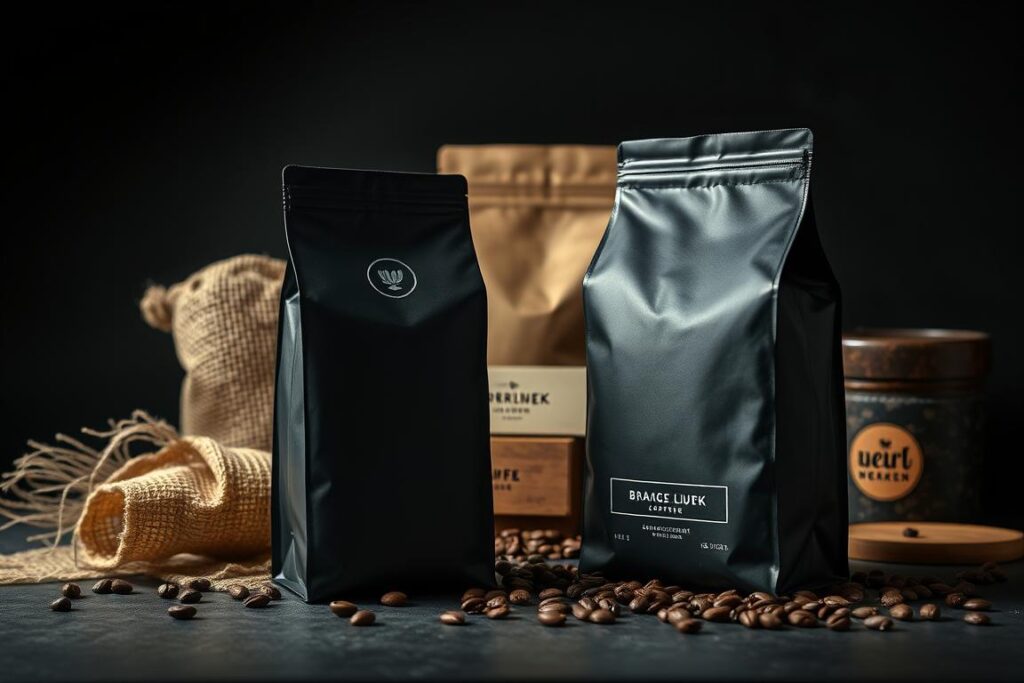 A high-end coffee package design with a focus on artisanal and premium branding elements. In the foreground, a sleek, minimalist package with a matte black exterior and stylized, debossed logo. The middle ground features a variety of textured, premium materials like burlap, wood, and foil accents, conveying a sense of craftsmanship and attention to detail. In the background, a dimly lit, moody studio setting with dramatic lighting, casting shadows and highlights on the package design. The overall mood is one of luxury, exclusivity, and the careful curation of a specialty coffee product.