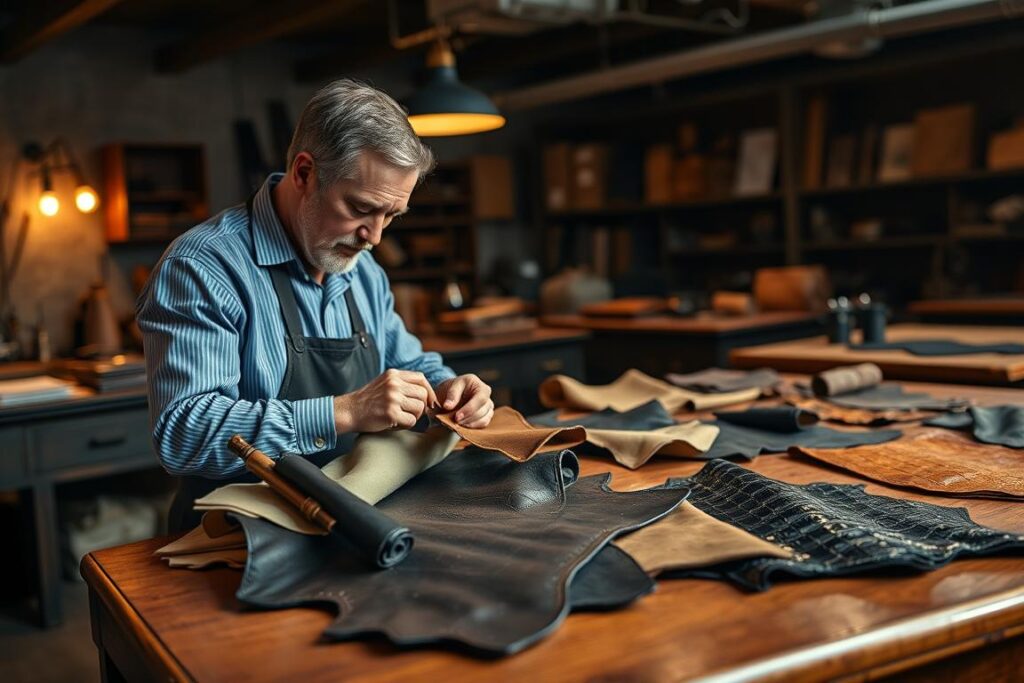 A high-end leather goods workshop, dimly lit by warm incandescent lamps. On a well-crafted oak table, carefully arranged are luxurious hides - supple calfskin, buttery lambskin, and exotic crocodile leather. In the foreground, a discerning artisan examines a swatch, meticulously assessing its texture and quality. The background is softly blurred, hinting at the intricate processes involved in transforming these raw materials into the finest leather goods. The atmosphere exudes a sense of refined craftsmanship and attention to detail, befitting the exclusivity of the export-bound noble leathers.