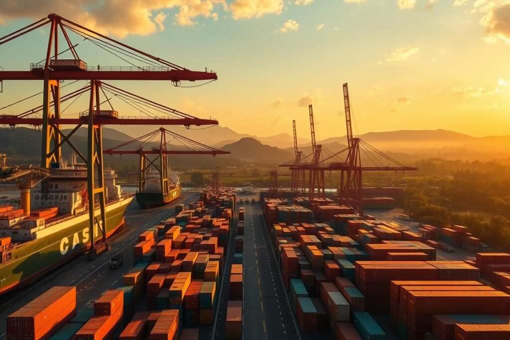 A high-quality, wide-angle photograph of a bustling Brazilian port, with towering cargo ships and cranes in the foreground. In the middle ground, rows of shipping containers in various colors dot the landscape, while in the background, rolling hills and lush greenery create a sense of the country's natural beauty. The scene is bathed in warm, golden light, creating a sense of vibrancy and energy. Subtle hints of bureaucratic red tape and paperwork clutter the scene, hinting at the complexities and risks involved in the import of commodities. The overall atmosphere conveys the challenges and opportunities of navigating the Brazilian commodities market.