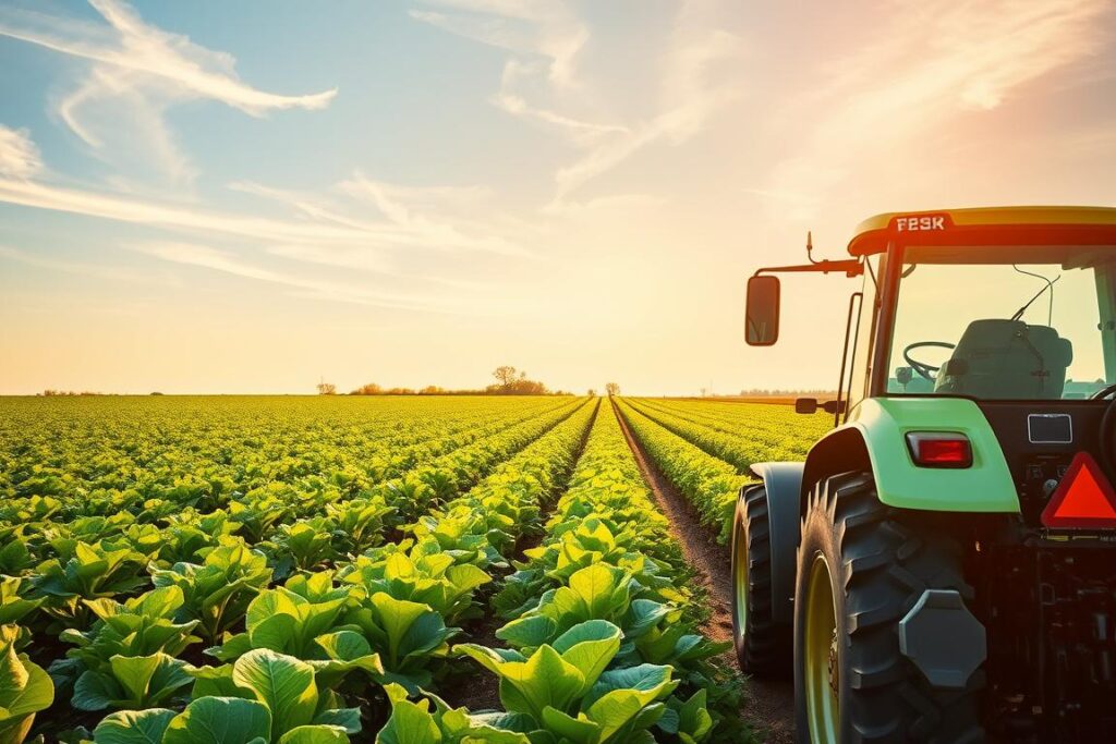 A lush agricultural landscape, with a focus on the key parameters monitored by agricultural telemetry. In the foreground, a sleek, high-tech tractor navigates the field, its advanced sensors and displays providing real-time data on engine performance, fuel efficiency, and soil conditions. In the middle ground, rows of crops sway gently in the breeze, their health and growth rate meticulously tracked by a network of connected devices. In the background, a clear sky with wispy clouds, illuminated by warm, golden sunlight that casts a serene, productive atmosphere over the scene. The image conveys the seamless integration of cutting-edge technology and sustainable, data-driven farming practices.