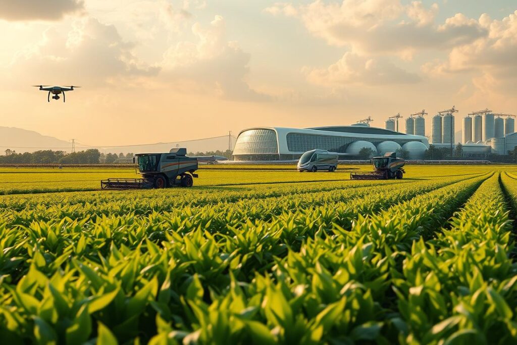 A lush, futuristic landscape of the Brazilian agribusiness sector. In the foreground, rows of verdant, genetically-enhanced crops sway gently in the breeze. Towering robotic harvesters and self-driving tractors navigate the fields with precision. In the middle ground, a state-of-the-art research facility stands, its sleek, glass-paneled exterior reflecting the sky. Drones and satellites monitor crop health and yields from above. In the distance, gleaming silos and distribution centers dot the horizon, connected by a high-speed rail network. The scene is bathed in a warm, golden light, conveying a sense of innovation, efficiency, and abundance. This is the future of Brazilian agribusiness, powered by cutting-edge digital technologies that empower small producers and drive sustainable growth.