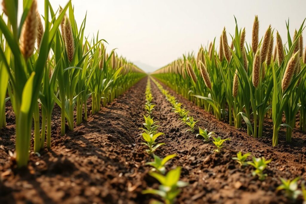 A lush, sun-drenched field of thriving sorghum plants, their slender stalks and vibrant leaves swaying gently in a warm breeze. In the foreground, the soil is rich and dark, with carefully tended rows of sorghum seedlings emerging from the earth. The middle ground features the mature plants, their panicles heavy with golden-hued grains, illuminated by soft, diffused natural lighting. In the background, a hazy, cloudless sky stretches out, creating a sense of tranquility and abundance. The overall scene conveys the ideal climatic and soil conditions necessary for successful sorghum cultivation, highlighting its potential as a drought-resistant alternative crop.