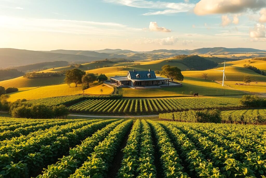 A lush, verdant Brazilian fazenda nestled amidst rolling hills and azure skies. In the foreground, rows of crops and orchards thrive, fed by a sophisticated rainwater harvesting system. The middle ground showcases a modern farmhouse surrounded by solar panels, wind turbines, and other sustainable technologies. In the background, expansive pastures are home to grazing livestock, all integrated into a holistic, self-sufficient ecosystem. Warm, golden sunlight bathes the scene, lending an air of prosperity and harmony between nature and human ingenuity. The overall impression is one of a thriving, ecologically-conscious farm that has transformed water management into a profitable enterprise.