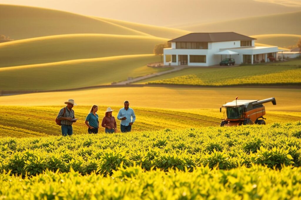 A lush, verdant agricultural landscape, with rolling hills and vibrant fields of crops in the foreground. In the middle ground, a group of farmers inspecting their land, discussing the new LGPD regulations regarding data protection. In the background, a modern farmhouse and a sleek, high-tech agricultural equipment, symbolizing the integration of technology and sustainability in the agribusiness sector. The scene is bathed in warm, golden sunlight, conveying a sense of prosperity and progress. The composition emphasizes the harmonious balance between traditional farming practices and the evolving digital landscape, reflecting the 