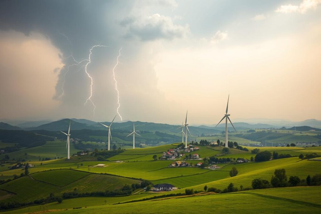 A lush, verdant countryside landscape, where rolling hills and fertile farmlands stretch out as far as the eye can see. In the foreground, a towering storm cloud looms, its ominous presence casting an eerie shadow over the scene. Lightning crackles across the sky, illuminating the rugged terrain below. Towering wind turbines, symbols of renewable energy, stand resolute against the brewing tempest. In the middle ground, a small village nestled among the hills, its buildings and infrastructure vulnerable to the impending climatic risks. The background fades into a hazy, atmospheric horizon, suggesting the vast scale and interconnectedness of the climate system. The overall mood is one of both trepidation and resilience, as the rural landscape braces for the potential impact of the climatic hazards.