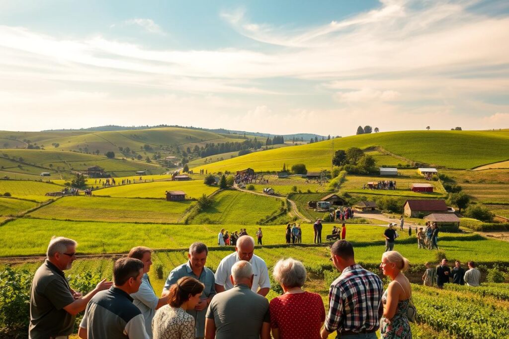 A lush, verdant countryside setting, with small farms and fields dotting the landscape. In the foreground, a group of diverse individuals - men and women, young and old - gathered around a table, deep in discussion. Their expressions are engaged, their body language open and collaborative. Behind them, rolling hills and a bright, sun-dappled sky create a sense of optimism and possibility. In the middle ground, clusters of people can be seen, some shaking hands, others exchanging ideas animatedly. Wispy clouds drift overhead, casting a warm, golden glow over the entire scene. The overall atmosphere conveys a spirit of unity, cooperation, and the collective power of small-scale producers coming together to forge a brighter future.