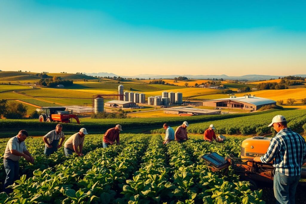 A lush, verdant farm landscape with rolling hills and a clear blue sky. In the foreground, a group of agricultural workers engaged in various tasks - tending to crops, operating machinery, and collaborating on a project. Their expressions convey a sense of focus, teamwork, and a strong work ethic. The middle ground features a modern, well-equipped farm facility, with silos, greenhouses, and other infrastructure. In the background, a distant horizon line with the silhouettes of towering mountains. The scene is bathed in warm, golden light, creating a sense of productivity, accomplishment, and a thriving agricultural community.