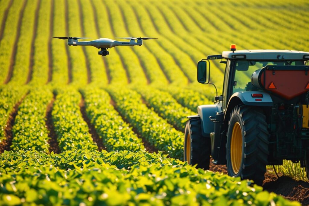 A lush, verdant field stretches out, dotted with precision agricultural machinery. In the foreground, a state-of-the-art tractor equipped with GPS-guided precision sprayers and soil sensors meticulously applies optimized fertilizer to the soil. In the middle ground, a drone hovers overhead, capturing high-resolution data to map soil fertility and guide targeted nutrient application. In the background, rows of crops sway gently in the warm breeze, benefiting from the advanced precision farming techniques. The scene is bathed in soft, golden natural light, creating a sense of harmony between technology and nature. This image showcases the essential technologies enabling precise, efficient, and sustainable agricultural practices.