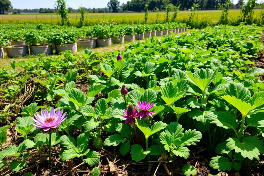 A lush, verdant garden filled with a diverse array of unconventional food plants (PANCs). In the foreground, a close-up view of various cultivation techniques, such as raised beds, companion planting, and organic mulching. The middle ground showcases the healthy, vibrant growth of PANC species, their unique foliage, and flower structures. In the background, a serene landscape with a clear sky, natural light filtering through, creating a warm, inviting atmosphere. The overall scene conveys the potential of commercial PANC cultivation, highlighting the practical and visually appealing aspects of these sustainable, alternative food crops.