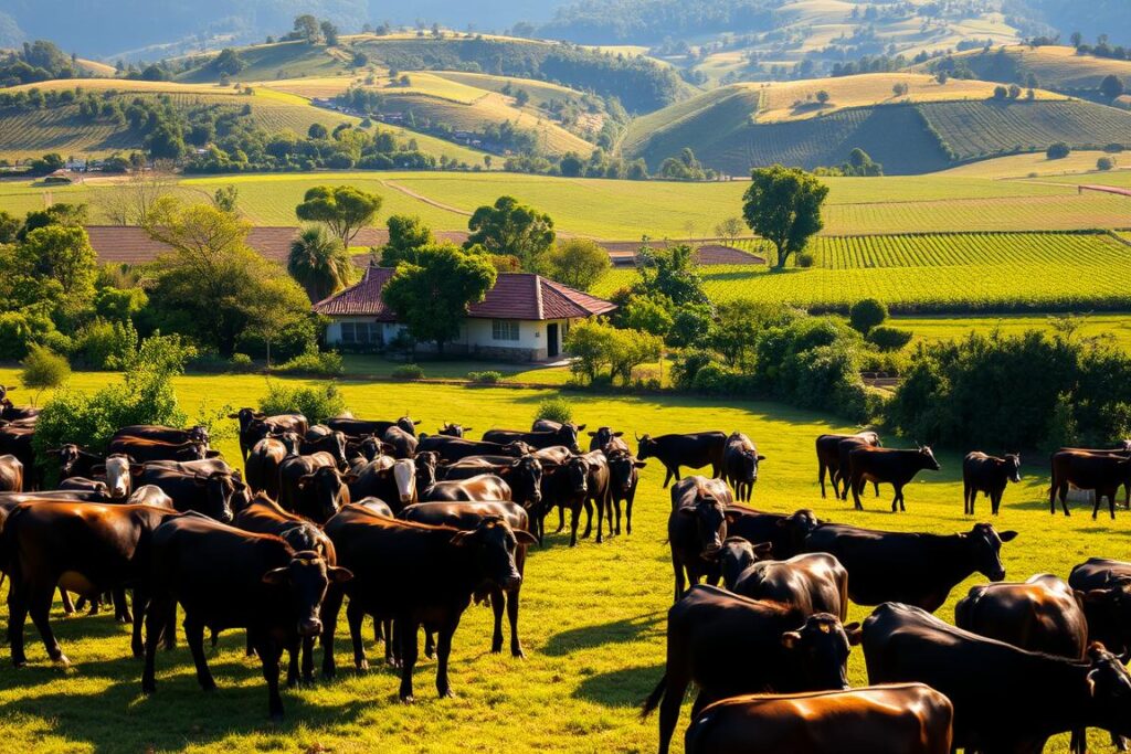 A lush, verdant landscape of a successful Brazilian fazenda (farm), bathed in warm, golden sunlight. In the foreground, a thriving herd of cattle grazes peacefully on well-maintained pastures, their sleek, healthy coats glistening. In the middle ground, a charming farmhouse with red-tiled roofs and whitewashed walls is nestled among vibrant green trees and bushes. Farther back, rolling hills dotted with rows of neatly cultivated crops stretch out to the horizon, suggesting a well-organized, productive operation. The scene exudes a sense of prosperity, sustainability, and harmony between the land, the livestock, and the hardworking farmers who call this place home.