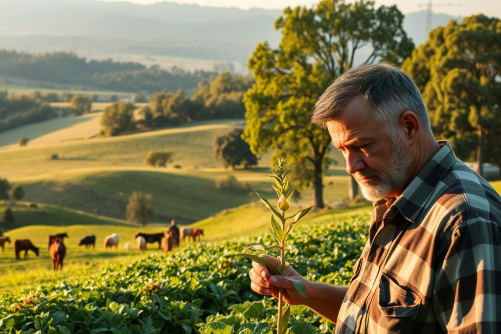 A lush, verdant landscape with rolling hills and towering trees. In the foreground, a farmer inspects a young sapling, his brow furrowed in concentration. In the middle ground, a mix of livestock and crops thrive, each element working in harmony. In the background, the distant horizon is dotted with silos and barns, hinting at the challenges of integrating various agricultural systems. The scene is bathed in warm, golden light, creating a sense of tranquility and possibility. The overall atmosphere conveys the delicate balance and common obstacles faced in an Integrated Crop-Livestock-Forest (ILPF) system.