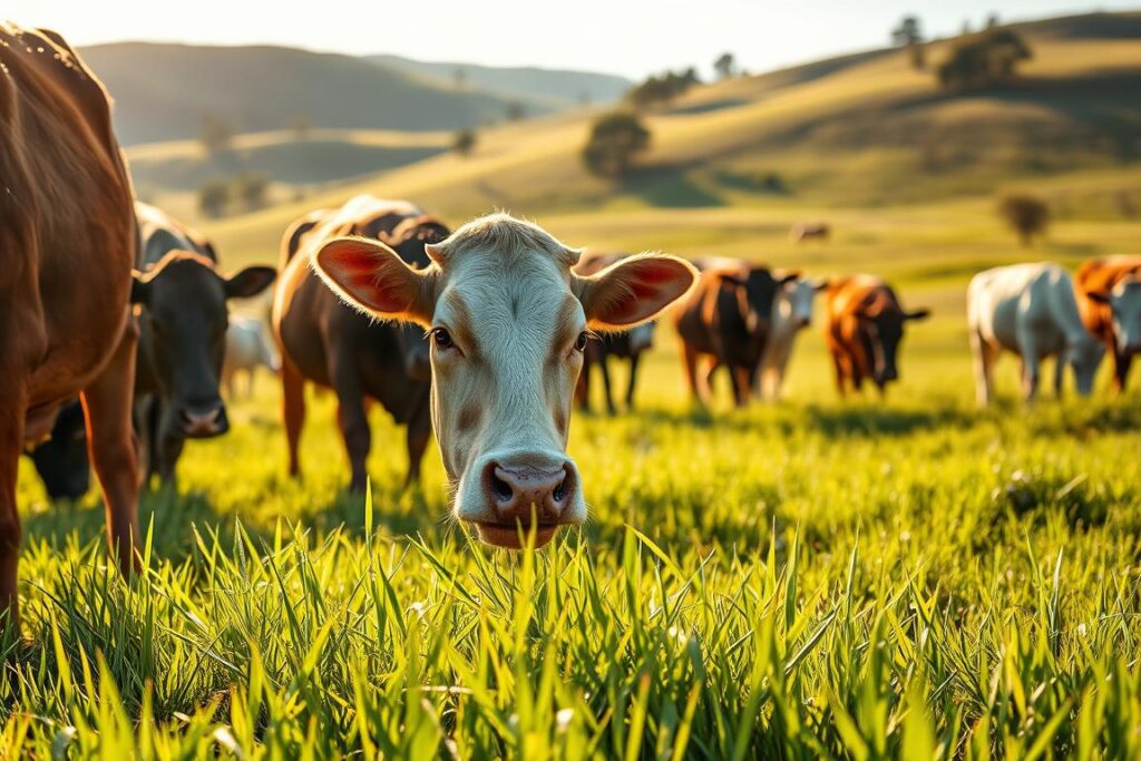 A lush, verdant pasture in the warm glow of the afternoon sun, with a herd of cattle grazing contentedly. In the foreground, a close-up view of a cow's head, its eyes alert and its mouth chewing methodically on the rich, succulent grass. The middle ground reveals the rest of the herd, their diverse coats and shapes reflecting the natural variation within the group. In the background, rolling hills dotted with scattered trees provide a sense of depth and tranquility. The scene is captured with a shallow depth of field, emphasizing the focal point of the cow's face and the intricate details of its features. The overall atmosphere is one of peaceful coexistence, showcasing the importance of proper nutrition for the well-being and productivity of the cattle.
