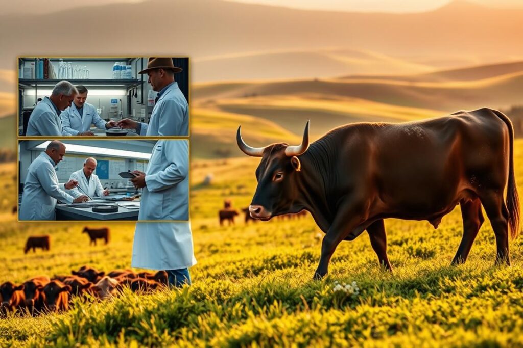 A lush, verdant pasture stretches out, dotted with a herd of robust, well-muscled cattle. In the foreground, a rancher examines a prized bull, carefully studying its pedigree and genetic potential. The mid-ground reveals a sophisticated laboratory, where scientists in white coats scrutinize DNA samples, charting the genetic lineages of the herd. In the background, a rolling hillside is bathed in warm, golden light, conveying a sense of natural harmony and progress. The scene evokes the careful, methodical process of genetic improvement, where scientific innovation and traditional ranching practices converge to transform degraded land into a thriving, productive ecosystem.
