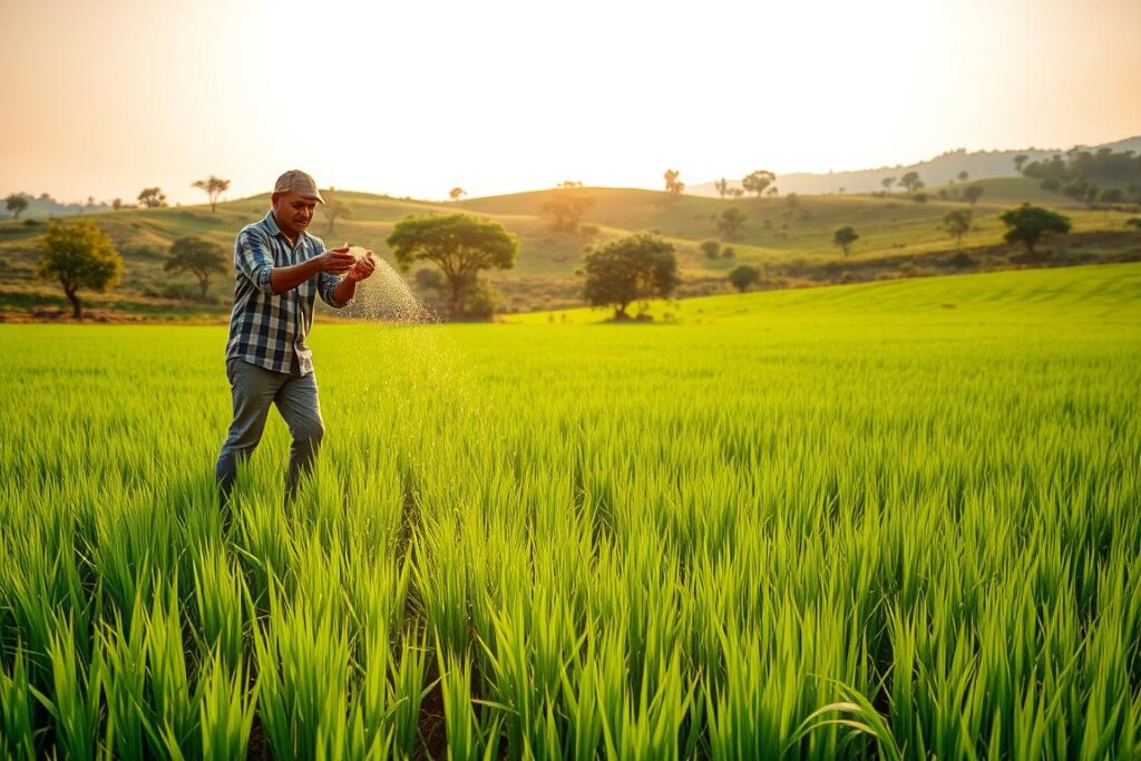 A lush, verdant pasture under a warm, golden afternoon sun. In the foreground, a farmer carefully sprinkles granular fertilizer over the soil, his movements precise and purposeful. The middle ground showcases vibrant, emerald-hued grasses, their blades swaying gently in a light breeze. In the background, rolling hills dotted with clusters of thriving trees create a picturesque, serene landscape. The scene exudes a sense of regeneration and renewed fertility, hinting at the transformative power of strategic fertilization to revive degraded land and boost livestock productivity.