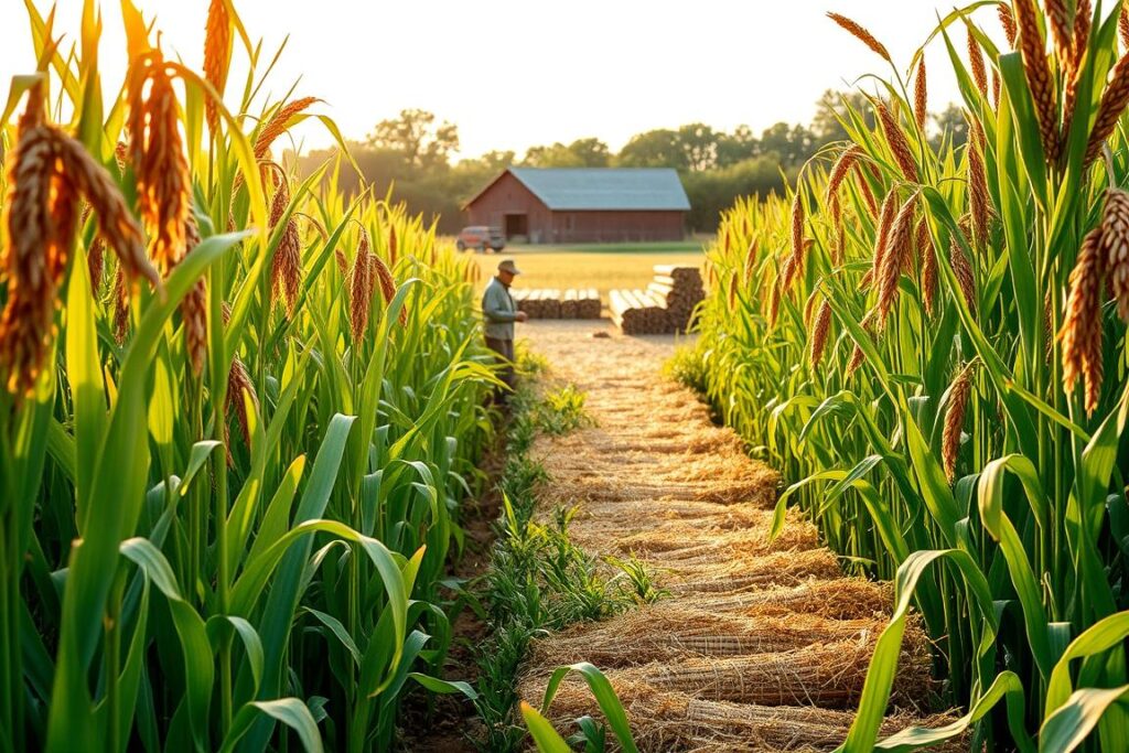 A lush, verdant sorghum field, the stalks swaying gently in the warm, golden light of a late afternoon sun. In the foreground, a farmer stands amidst the crop, hand-harvesting the ripe, amber-hued sorghum heads with practiced precision, their movements fluid and effortless. The middle ground reveals rows of neatly stacked sorghum bundles, ready for transport, while in the distance, a rustic barn stands as a testament to the long history of this essential crop. The scene exudes a sense of hard-earned abundance, a celebration of the land's bounty and the tireless labor of those who tend it.