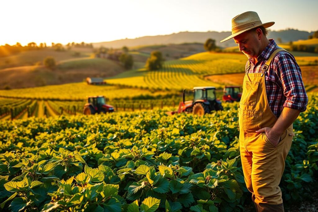 A lush, vibrant farm landscape in golden hour lighting. In the foreground, a farmer in work boots and overalls examines crops, their expression thoughtful and engaged. In the middle ground, agricultural equipment like tractors and harvesters stand ready for use. The background features rolling hills dotted with groves of fruit trees and rows of neatly tended fields. The overall scene conveys a sense of hard work, expertise, and a deep connection to the land, capturing the essence of practical, hands-on experience in the agricultural industry.