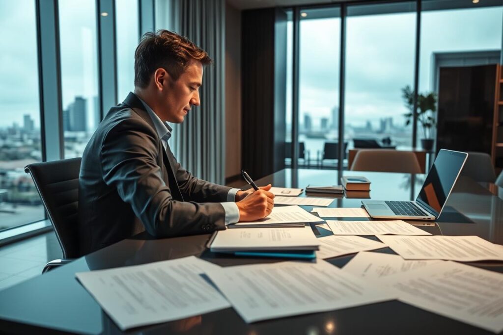 A modern and sleek office interior with a large desk, a laptop, and various paperwork documents arranged neatly. In the foreground, a person is seated, carefully reviewing and signing insurance forms. The lighting is soft and diffused, creating a professional and authoritative atmosphere. The background features a window overlooking a cityscape, suggesting the urban setting of this rural insurance process. The overall scene conveys a sense of efficiency, attention to detail, and the importance of carefully navigating the step-by-step rural insurance contract procedure.