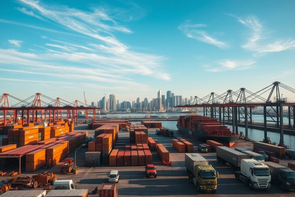 A modern international shipping port with container ships, cranes, and warehouses in the foreground. In the middle ground, workers loading and unloading cargo from ships and trucks. In the background, a cityscape with skyscrapers and a clear blue sky with wispy clouds. The scene is lit by warm, natural sunlight, creating long shadows and highlights on the shipping equipment. The overall atmosphere conveys the efficient, bustling activity of a major commodities import hub.