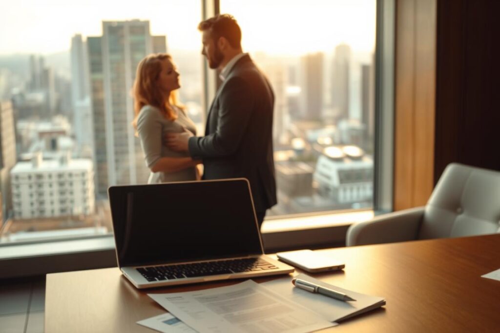 A modern office setting, with a desk in the foreground featuring a laptop, pen, and documents. In the middle ground, two business professionals are engaged in a negotiation, their body language and facial expressions conveying a sense of collaboration and discussion. The background showcases a large window overlooking a bustling cityscape, with warm lighting filtering through. The scene exudes an atmosphere of professionalism, problem-solving, and the negotiation of financial terms. The overall composition suggests the deliberate and thoughtful process of securing private credit using tokenized equipment or assets.