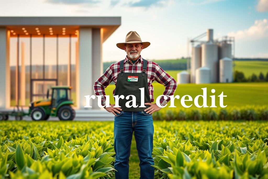 A modern rural bank building with warm lighting and clean, minimalist architecture. In the foreground, a farmer standing proudly, hands on hips, overlooking rows of lush green crops. Behind them, a montage of agricultural equipment, silos, and a verdant countryside landscape. The scene conveys a sense of progress, prosperity, and the symbiotic relationship between finance and agriculture. Elegant typography and subtle branding elements highlight the specialized 