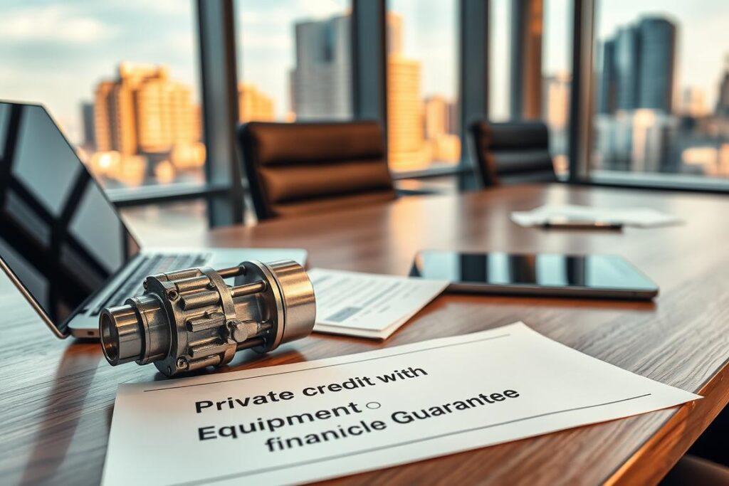A modern, sleek office setting with a laptop, tablet, and paperwork on a wooden desk. The foreground features a 3D-printed model of a mechanical equipment part, its intricate metallic details gleaming under warm, directional lighting. In the middle ground, a financial document with the title 