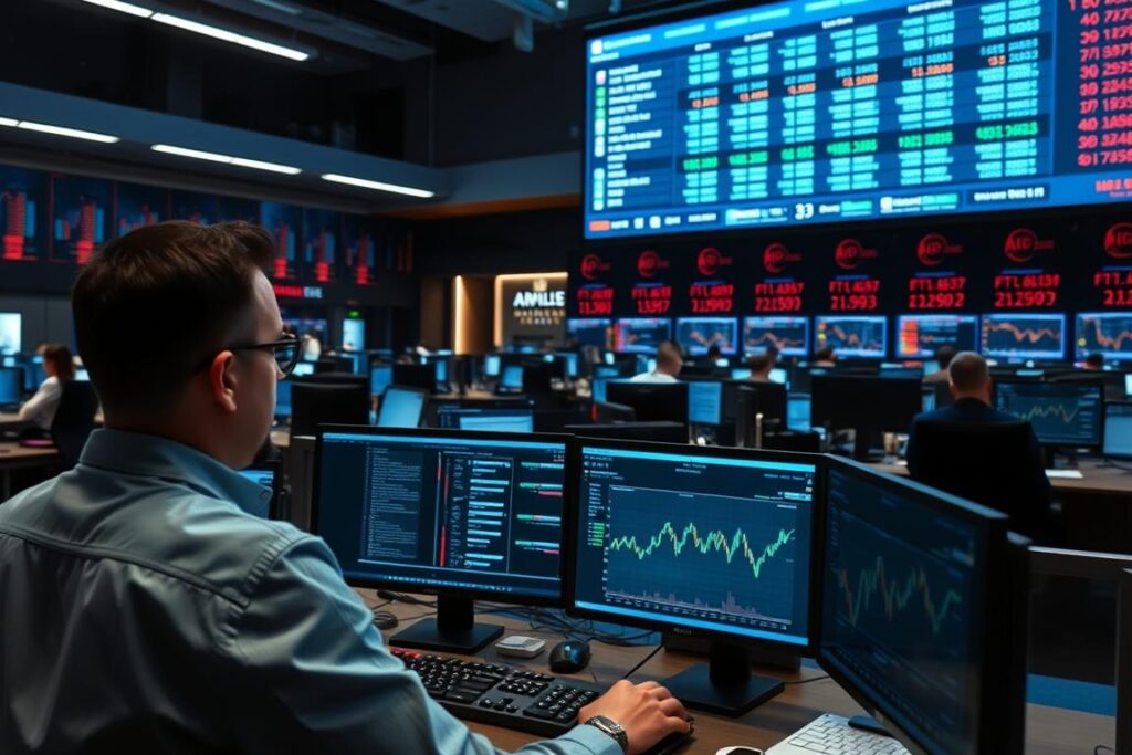 A modern trading floor at the B3 (Brasil Bolsa Balcão), the Brazilian stock exchange, with financial analysts closely monitoring trading screens and charts. In the foreground, a trader is carefully executing a complex hedging strategy involving futures and options contracts, using a sleek, high-resolution dual-monitor setup. The middle ground features rows of professional workstations with traders intently focused on their tasks, the atmosphere electric with the intensity of the markets. In the background, a large digital display board shows real-time stock prices and indices, casting a soft, bluish glow across the room. Dramatic overhead lighting and a sense of urgency convey the importance and precision of the hedging operations taking place.