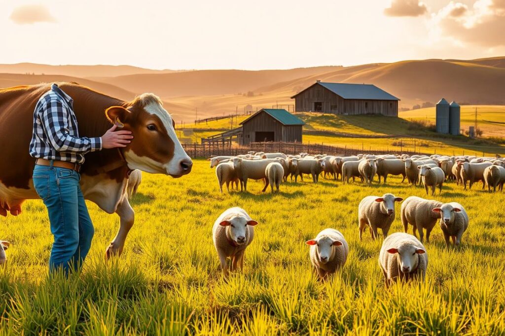 A pastoral scene depicting individual animal identification on a small farm. In the foreground, a farmer is gently inspecting a cow, carefully examining its ear tag. The middle ground features a flock of sheep, each with a unique numbered collar, grazing peacefully in a lush, verdant field. In the background, a rustic barn and silos stand amid rolling hills, bathed in warm, golden sunlight. The scene conveys a sense of meticulous care and attention to detail in the traceability of the farm's livestock, reflecting the 
