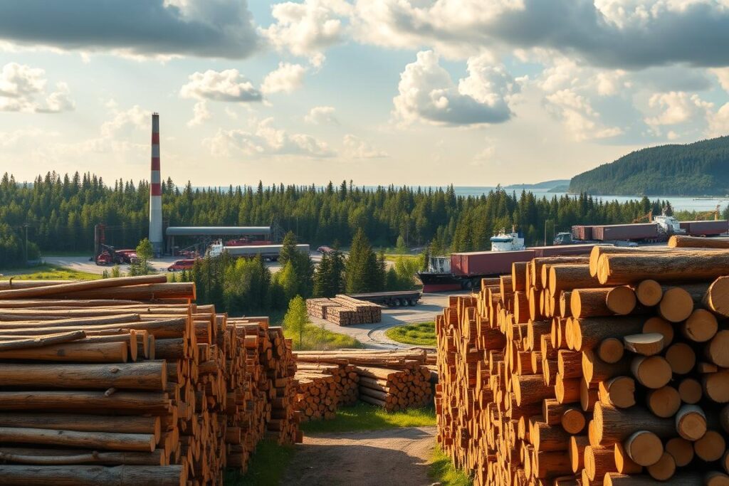 A picturesque landscape showcasing the challenges and solutions in exporting fast-growing reforested timber. In the foreground, sturdy stacks of freshly sawn timber await transport, bathed in warm, golden light. The middle ground features a modern sawmill surrounded by lush, verdant forests, hinting at the sustainable forestry practices. In the background, cargo ships and trucks symbolize the logistics of exporting this valuable resource to neighboring countries. The scene conveys a harmonious balance between economic opportunity and environmental responsibility, with a focus on innovative solutions to streamline the export process.