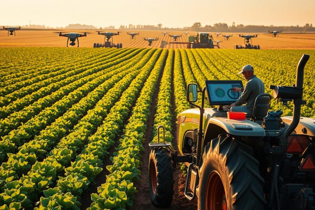 A precision agriculture landscape depicting a modern farm scene. In the foreground, a farmer operates a high-tech tractor equipped with satellite-guided GPS, sensors, and displays monitoring soil conditions, crop growth, and equipment performance. In the middle ground, rows of lush, verdant crops stretch out, their health and yield optimized through variable-rate application of fertilizers and pesticides. In the background, a fleet of autonomous drones and robotic harvesters move systematically through the fields, gathering data and performing tasks with unparalleled efficiency. The scene is bathed in warm, golden sunlight, conveying a sense of technological harmony with the natural world.