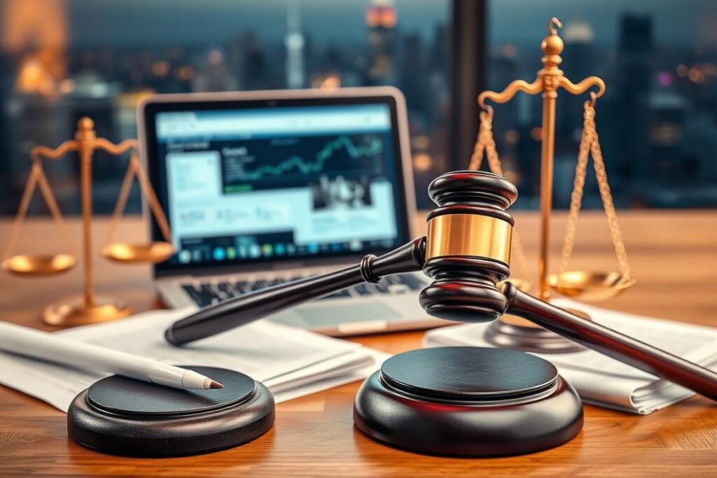 A professional, well-lit photograph showcasing the legal and regulatory aspects of virtual auctions. In the foreground, a gavel, legal documents, and a scale of justice symbolize the legal framework governing online auctions. In the middle ground, a laptop displays a virtual auction platform, highlighting the technological advancements transforming the auction industry. The background features a cityscape, conveying the commercial and economic context in which these virtual auctions take place. Warm lighting and a refined, authoritative atmosphere create a sense of professionalism and credibility surrounding the legal considerations of this emerging industry.