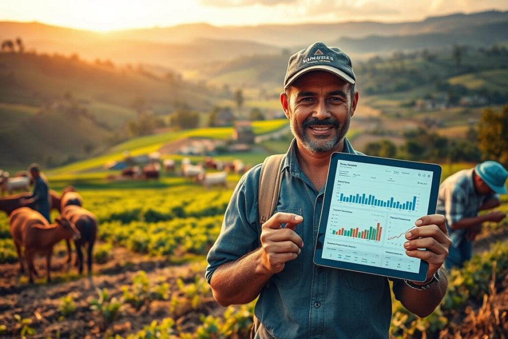 A prosperous rural landscape, where small-scale farmers proudly display their digital agricultural assets. In the foreground, a farmer holds a tablet, showcasing detailed data and analytics on his crop yields, livestock health, and market prices. The middle ground features a vibrant community of farmers, each with their own digital dashboard, collaborating and sharing knowledge. In the background, rolling hills dotted with verdant fields and thriving orchards, all powered by smart sensors and blockchain-enabled traceability. Warm, golden sunlight filters through, casting a hopeful glow over this digital agricultural revolution. Crisp, high-resolution rendering with a cinematic, 50mm lens perspective.