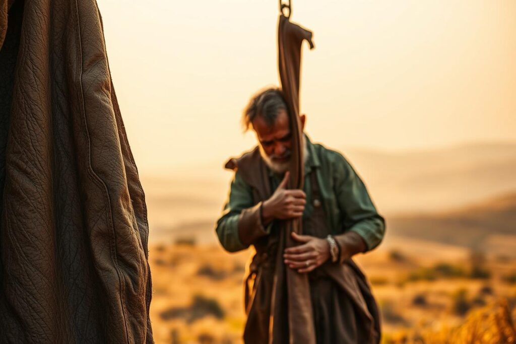 A rugged, weathered leather hide hangs prominently in the foreground, its rich, earthy tones and supple texture conveying the quality and craftsmanship of noble leather. In the middle ground, a skilled artisan carefully examines the hide, their weathered hands and focused expression conveying the challenges and expertise involved in preparing the leather for export. The background is a hazy, golden-hued landscape, suggesting the remote, pastoral origins of the noble leather, with rolling hills and a distant horizon line. The overall mood is one of reverence for the craft, the materials, and the journey from field to fashion.