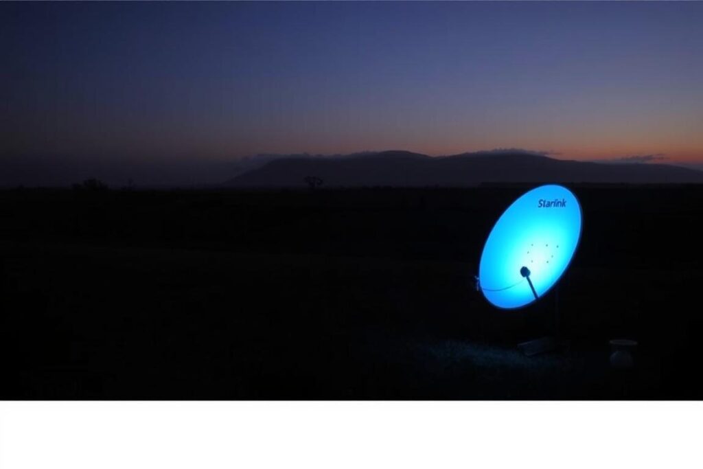 A rural landscape at dusk, with a Starlink satellite dish prominently displayed in the foreground. The dish casts a faint blue glow, hinting at its connectivity, but the surrounding area is shrouded in shadows, suggesting limited coverage or intermittent service. In the middle ground, rolling hills and scattered trees create a sense of isolation, while the distant horizon is obscured by hazy clouds, symbolizing the unpredictable nature of satellite internet in remote areas. The mood is one of quiet contemplation, highlighting the limitations and challenges faced by rural Starlink users.