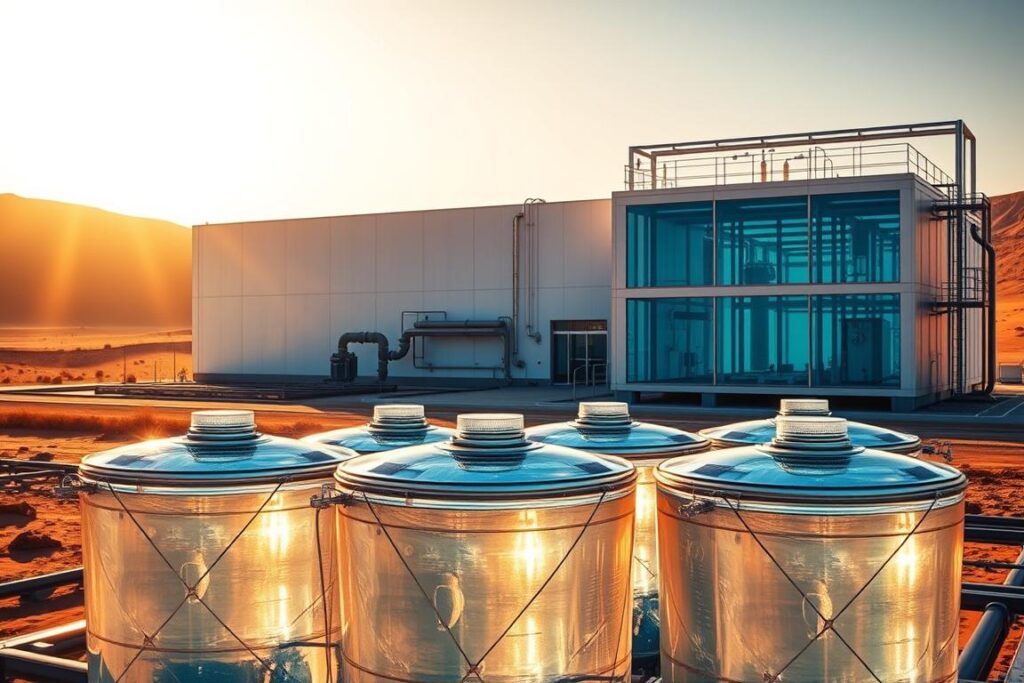 A sleek, modern desalination plant stands proudly against a backdrop of arid, sun-drenched terrain. The facility's clean, angular architecture is bathed in warm, golden light, conveying a sense of efficiency and technological prowess. In the foreground, a series of shimmering, crystal-clear water tanks reflect the plant's exterior, hinting at the purification process within. Intricate piping and machinery visible through strategically placed windows suggest the complex engineering behind the desalination operation. The overall scene exudes a sense of environmentally-conscious innovation, perfectly capturing the essence of the 