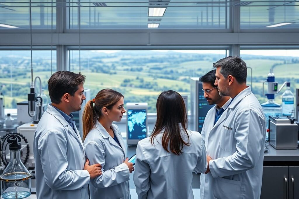A sleek, modern laboratory setting with sophisticated scientific equipment and glassware. In the foreground, a group of researchers in lab coats intently studying data on a large touchscreen display, analyzing the economic viability of green hydrogen production. The middle ground features various state-of-the-art hydrogen generation and storage systems, emitting a soft, bluish glow. The background shows a panoramic view of a lush, verdant landscape, hinting at the environmentally-friendly nature of the research. Crisp, even lighting illuminates the scene, creating a sense of professionalism and technical expertise. The overall mood conveys a balance of scientific rigor and environmental sustainability.