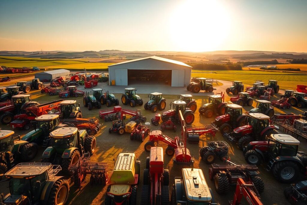 A sprawling agricultural machinery consortium, gleaming metal and gears intricately assembled, casting long shadows across a sun-dappled field. In the foreground, a fleet of tractors, harvesters, and plows stand ready, their polished surfaces reflecting the golden light. The middle ground features a large hangar-like structure, its doors open to reveal an array of specialized equipment, while in the background, rolling hills and verdant farmland stretch out, hinting at the scale and importance of this agricultural enterprise. The scene exudes a sense of efficiency, innovation, and the collective power of shared resources, all essential elements for modern, sustainable farming.