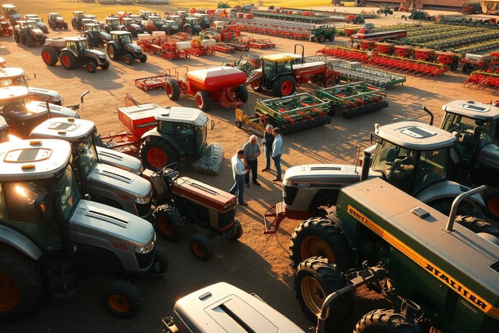 A sprawling agricultural machinery rental yard, bathed in warm afternoon sunlight. In the foreground, a lineup of shiny, well-maintained tractors, tillers, and harvesters, their metal bodies gleaming. In the middle ground, a group of farmers carefully inspecting the equipment, discussing rental terms and availability. In the background, rows of other machinery - plows, seeders, sprayers - neatly organized and ready for deployment. The scene conveys a sense of productivity, efficiency, and a thriving agricultural services ecosystem. The lighting is soft and natural, highlighting the intricate details of the machines. The overall composition emphasizes the versatility and profitability of this rental business serving the needs of local farmers.