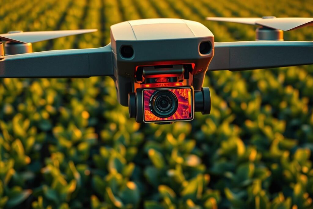 A thermal camera mounted on a drone hovers over a lush, verdant agricultural field. The camera's lens captures the heat signatures of crops, revealing hidden pests and diseases. The image is a detailed, high-resolution rendering showcasing the advanced technology's capabilities, with a sharp focus on the thermal camera itself. The scene is bathed in warm, golden hues, conveying a sense of proactive, preventative crop monitoring. The drone's sleek, modern design is prominently featured, hinting at the cutting-edge, precision-driven nature of this agricultural technology.