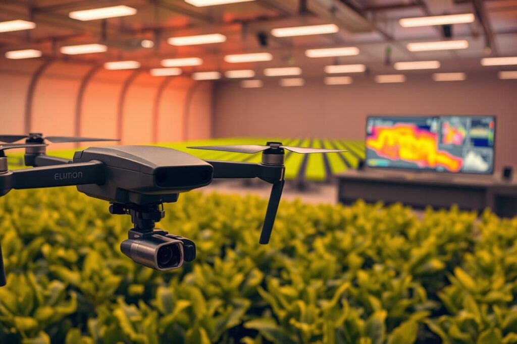 A thermal technology landscape for precision agriculture. In the foreground, a high-resolution infrared camera mounted on a drone, capturing detailed thermal signatures of crops. In the middle ground, a thermal map of a farm field, highlighting areas of stress, disease, or pest infestations. In the background, a sleek, modern control center with data visualization displays, enabling real-time analysis and decision-making. The scene is bathed in a warm, subdued lighting, conveying a sense of technological sophistication and environmental awareness. The overall mood is one of scientific rigor, practical application, and sustainable farming practices.