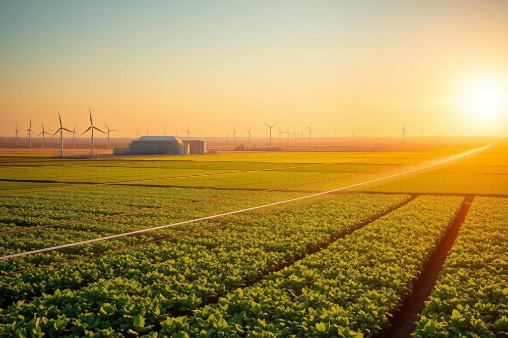 A vast agricultural landscape, bathed in the warm glow of the sun, showcases the future of farming with advanced water technologies. In the foreground, lush, verdant fields are fed by a network of state-of-the-art irrigation systems, delivering precise amounts of water and nutrients to the crops. In the middle ground, towering desalination plants stand as beacons of innovation, transforming brackish or saline water into a clean, abundant resource for agricultural use. The background reveals a horizon dotted with wind turbines and solar panels, harnessing renewable energy to power these cutting-edge water technologies. The scene conveys a harmonious integration of nature and technology, where sustainable practices and modern solutions converge to secure a thriving, future-ready agricultural landscape.