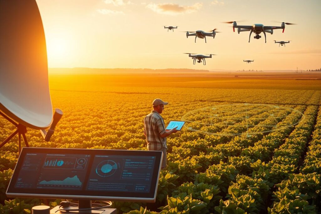 A vast agricultural landscape bathed in warm, golden sunlight, with a state-of-the-art satellite dish and sleek, futuristic control panels in the foreground. In the middle ground, a farmer intently studies data displayed on a large, holographic screen, surrounded by lush, verdant crops. In the background, a network of interconnected drones and sensors hover above the fields, gathering real-time data to feed into a sophisticated AI system that optimizes crop management and predicts weather patterns, ensuring maximum yield and profitability. The scene conveys a sense of technological innovation, precision, and the seamless integration of nature and cutting-edge analytics, embodying the power of AI-driven, satellite-informed rural insurance to protect and enhance agricultural success.