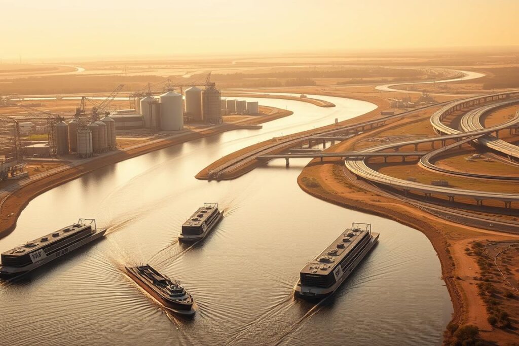 A vast, futuristic landscape of grain transport infrastructure, bathed in warm golden light. In the foreground, a fleet of sleek, automated river barges glide along a wide, winding waterway. Towering gantry cranes and silos rise in the middle ground, their advanced designs hinting at efficient, sustainable logistics. In the distance, a network of high-speed rail lines and automated highways converge, connecting this multimodal transportation hub to the broader agricultural heartland. The scene conveys a sense of technological progress, economic opportunity, and environmental consciousness - the future of grain logistics in Brazil, optimized for maximum productivity and minimal impact.
