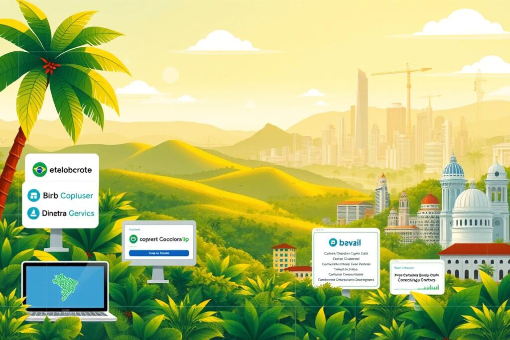 A vibrant, Brazilian-themed illustration showcasing multiple carbon credit trading platforms. In the foreground, a diverse array of platforms and services are presented, including online marketplaces, independent brokers, and direct seller-buyer connections. The middle ground features lush tropical foliage, rolling hills, and a cloudless sky, conveying the natural environment that these carbon credits aim to protect. The background is filled with the distinctive architecture and cityscapes of major Brazilian cities, representing the national scope of these platforms. The lighting is warm and golden, creating a sense of optimism and progress. The overall composition is clean, balanced, and designed to visually communicate the accessible, inclusive, and sustainable nature of Brazil's carbon credit ecosystem.